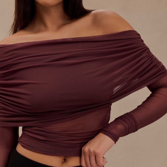 Everly Sheer Mesh Off Shoulder Top - Mahogany - Picture 3 of 8